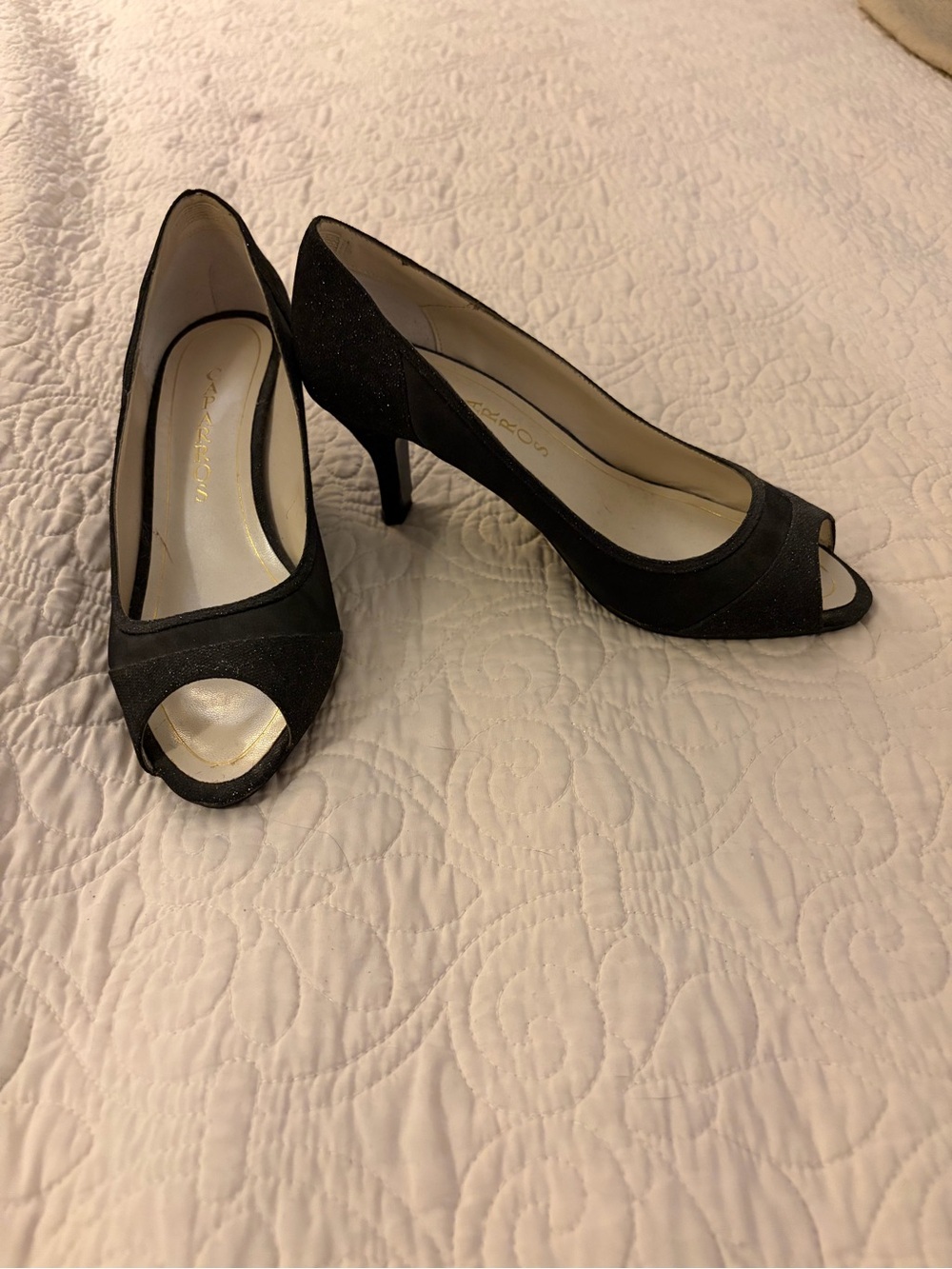 Caparros Black Glitter Peep-Toe Heels